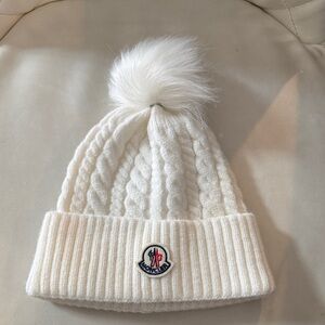 Moncler Ivory Cable Knit Beanie with Pom-Pom